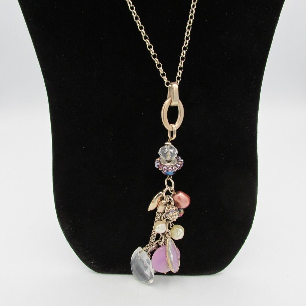 CHICO'S Cluster Gems Silver Tone Long Drop Necklace 30 IN PINK PURPLE